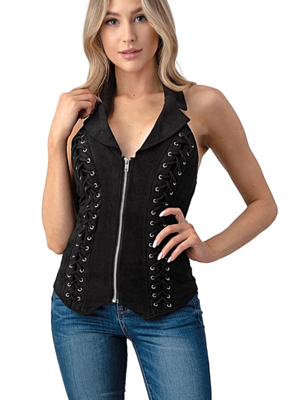 Rebel Black Faux Suede Halter Vest | Lace‑Up Sides | Lydia
